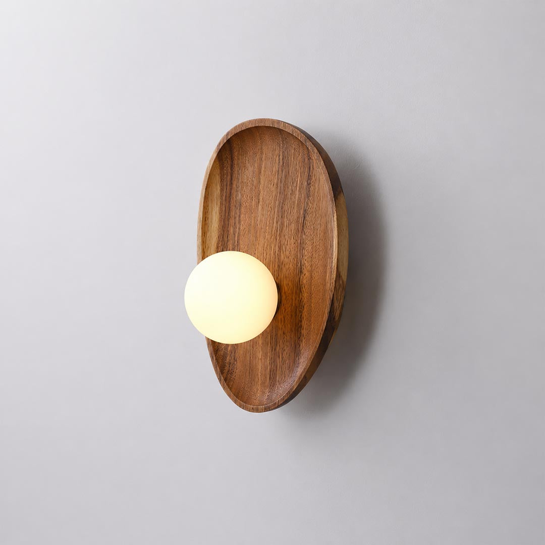 Ovi wood wall lamp walnut frosted white glass globe wide short shape wabi sabi minimalist bedside sconce white background front view