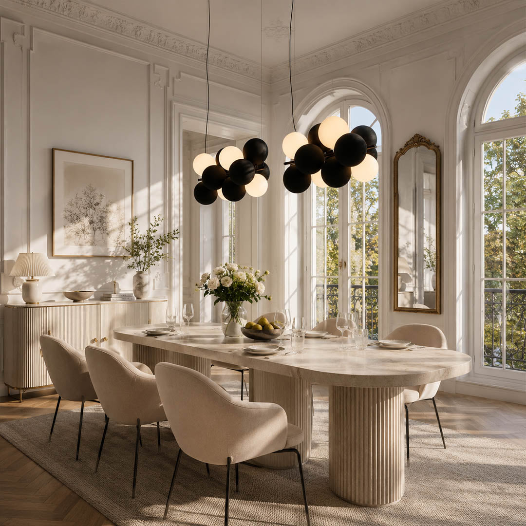Palina vertical anthracite grey balloon bubble PVC cluster pendant modern dining room walnut table statement retro evening warm ambient lifestyle interior