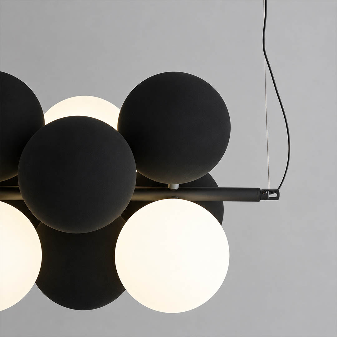 Palina metal frame black cluster structure architectural connecting bubble shades industrial modern detail close up