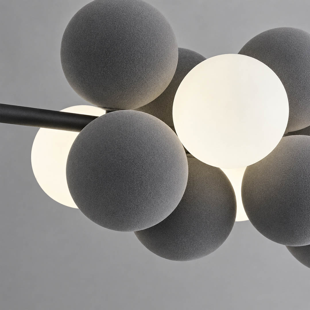 Palina metal frame black cluster structure architectural connecting bubble shades industrial modern detail close up