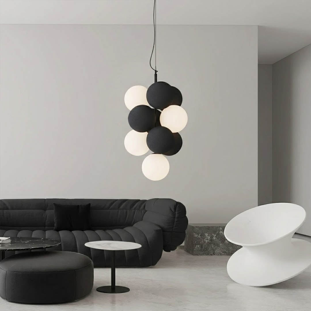 Palina horizontal light grey balloon bubble PVC cluster pendant modern living room seating group minimalist warm ambient lifestyle interior