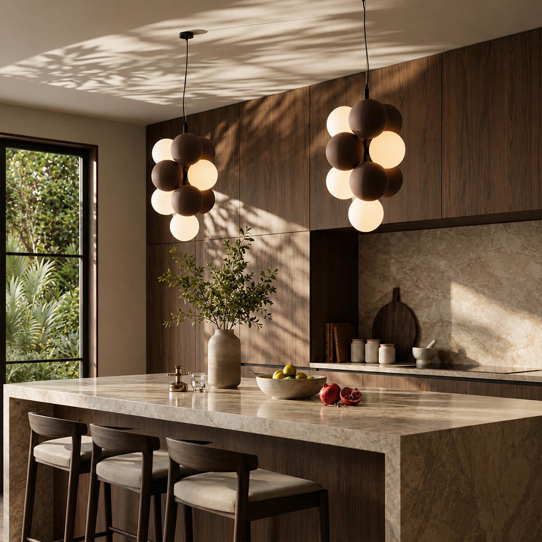 Palina horizontal light grey balloon bubble PVC cluster pendant open kitchen dining modern minimalist scandinavian warm ambient lifestyle interior