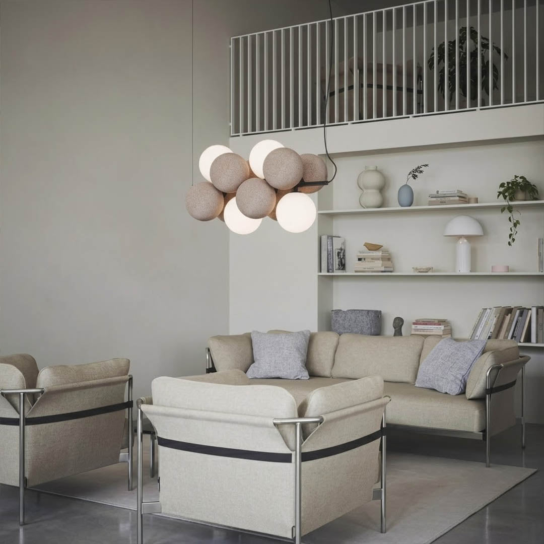 Palina horizontal light grey balloon bubble PVC cluster pendant modern living room seating group minimalist warm ambient lifestyle interior
