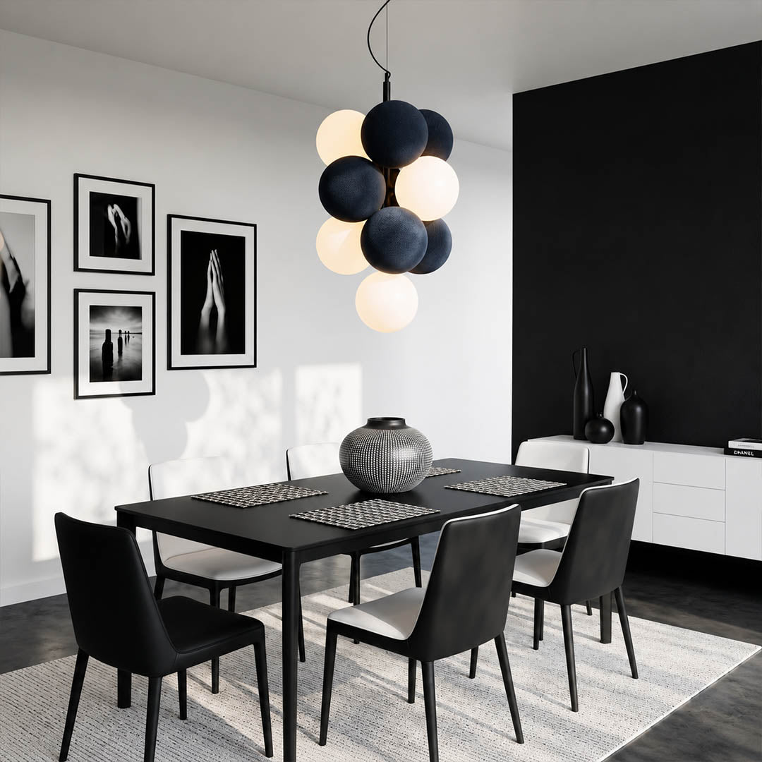 Palina vertical anthracite grey balloon bubble PVC cluster pendant modern dining room walnut table statement retro evening warm ambient lifestyle interior
