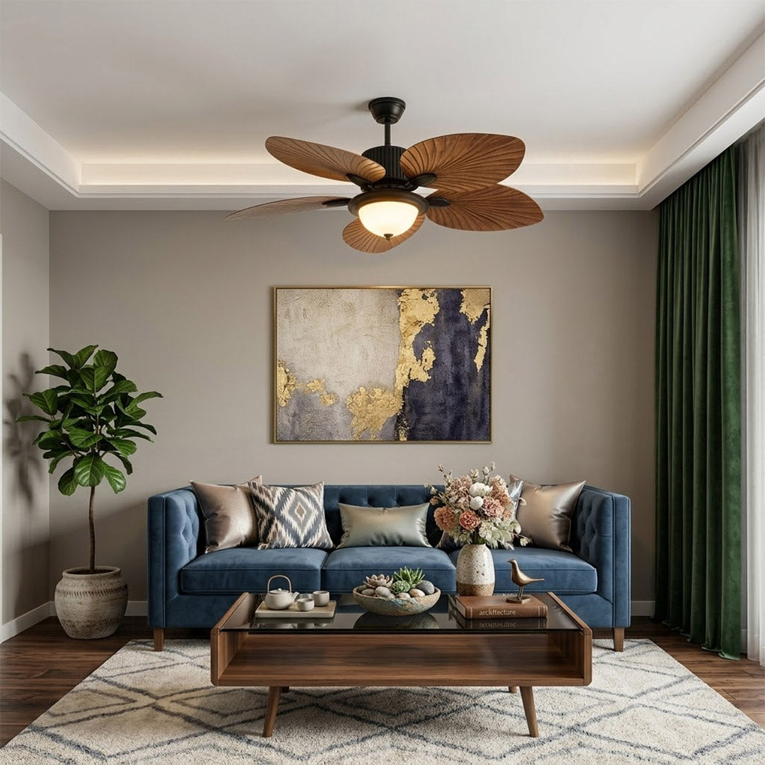 Palma palm leaf ceiling fan tropical bedroom bohemian interior warm light running lifestyle