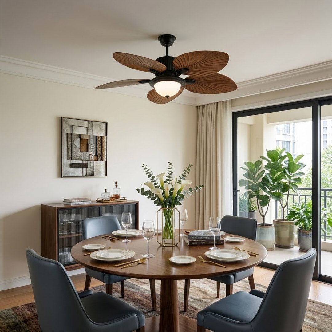 Palma palm leaf ceiling fan tropical bedroom bohemian interior warm light running lifestyle