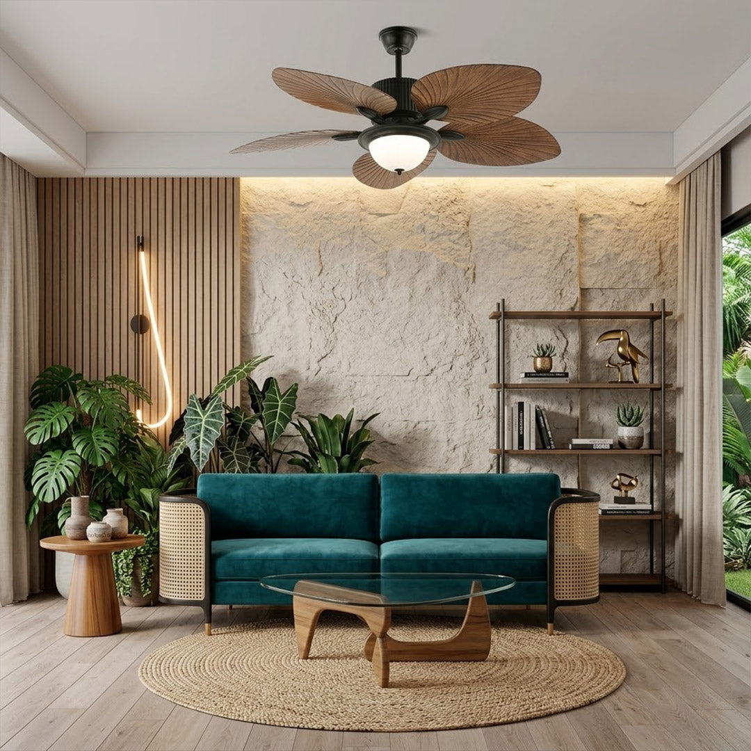 Palma palm leaf ceiling fan tropical bedroom bohemian interior warm light running lifestyle