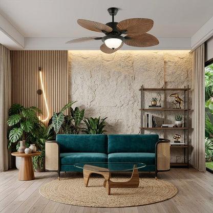 Palma palm leaf ceiling fan tropical bedroom bohemian interior warm light running lifestyle