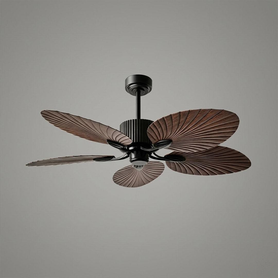 Palma palm leaf ceiling fan tropical bedroom bohemian interior warm light running lifestyle