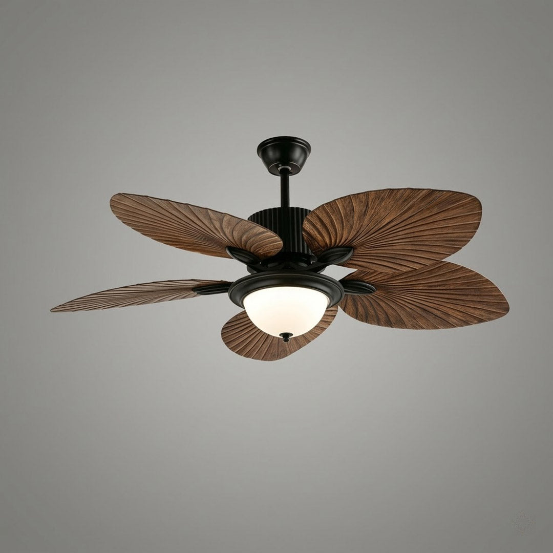 Palma palm leaf ceiling fan tropical bedroom bohemian interior warm light running lifestyle