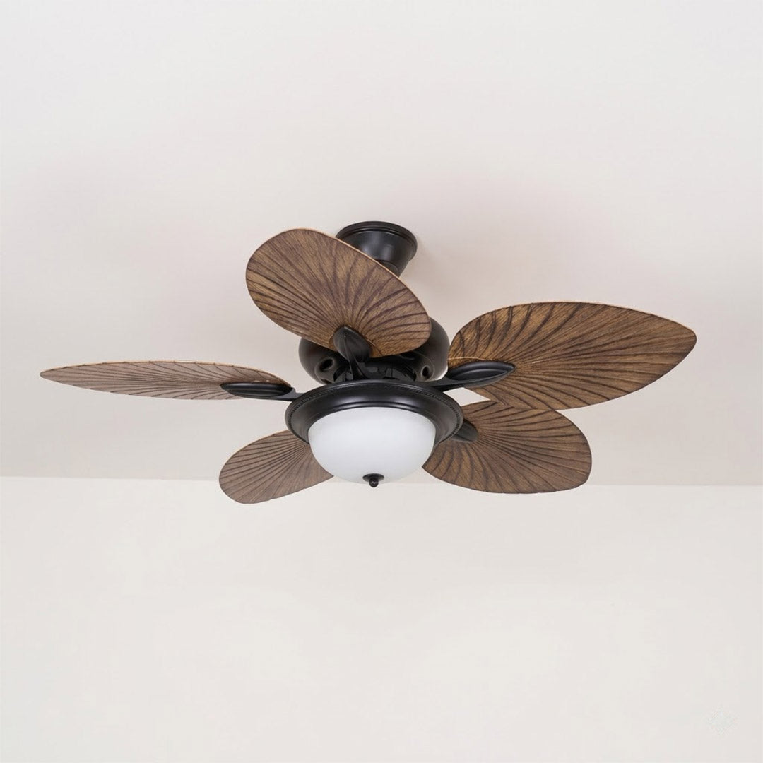 Palma palm leaf ceiling fan tropical bedroom bohemian interior warm light running lifestyle