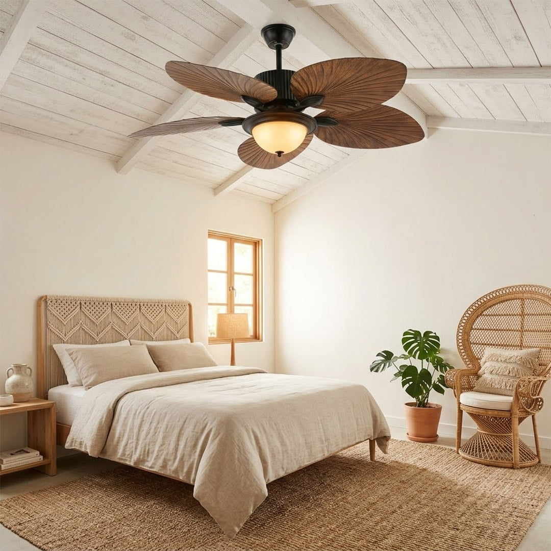 Palma palm leaf ceiling fan tropical bedroom bohemian interior warm light running lifestyle