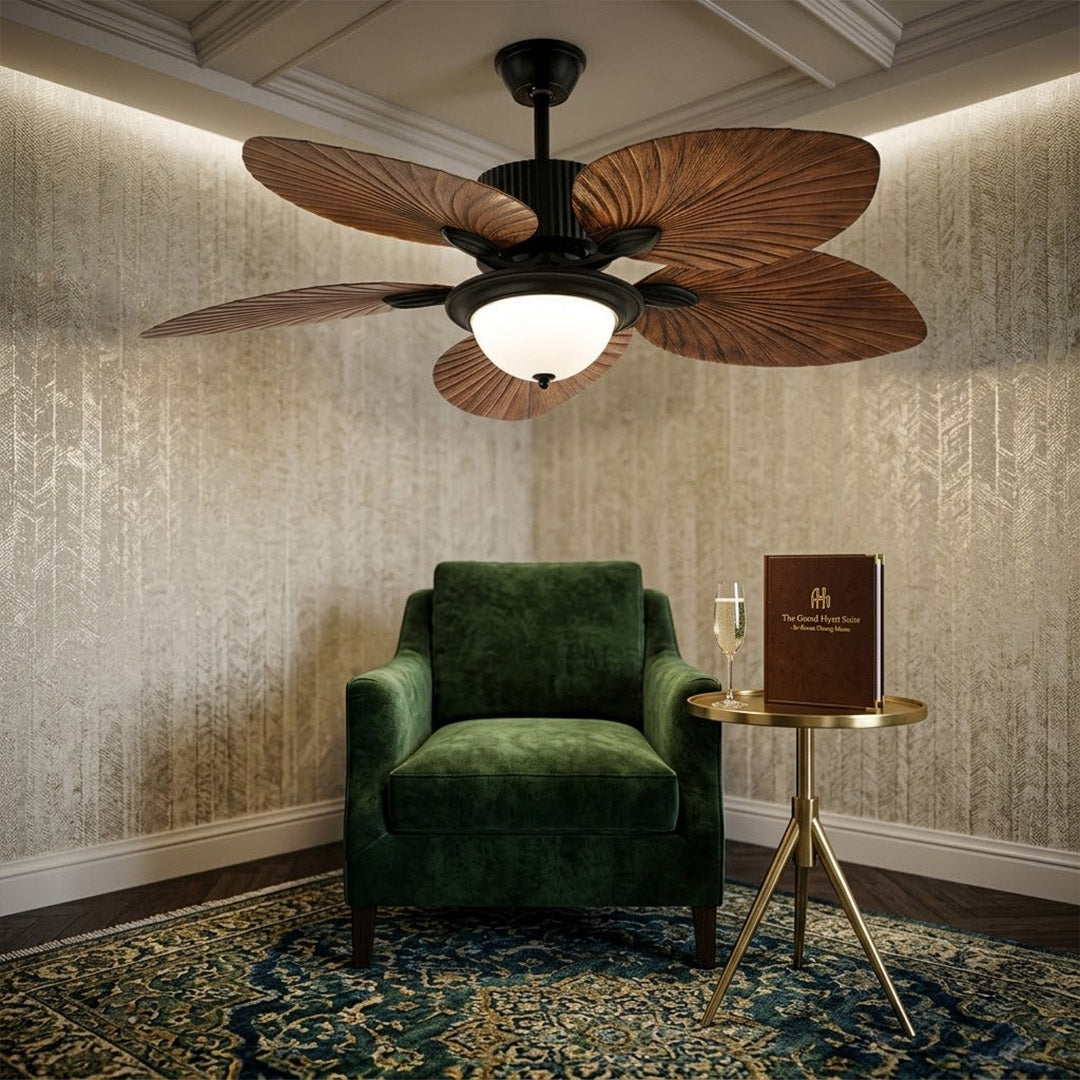 Palma palm leaf ceiling fan tropical bedroom bohemian interior warm light running lifestyle