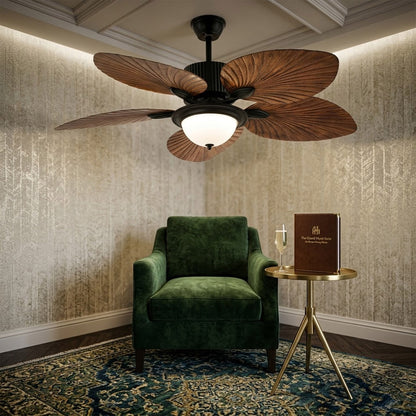 Palma palm leaf ceiling fan tropical bedroom bohemian interior warm light running lifestyle