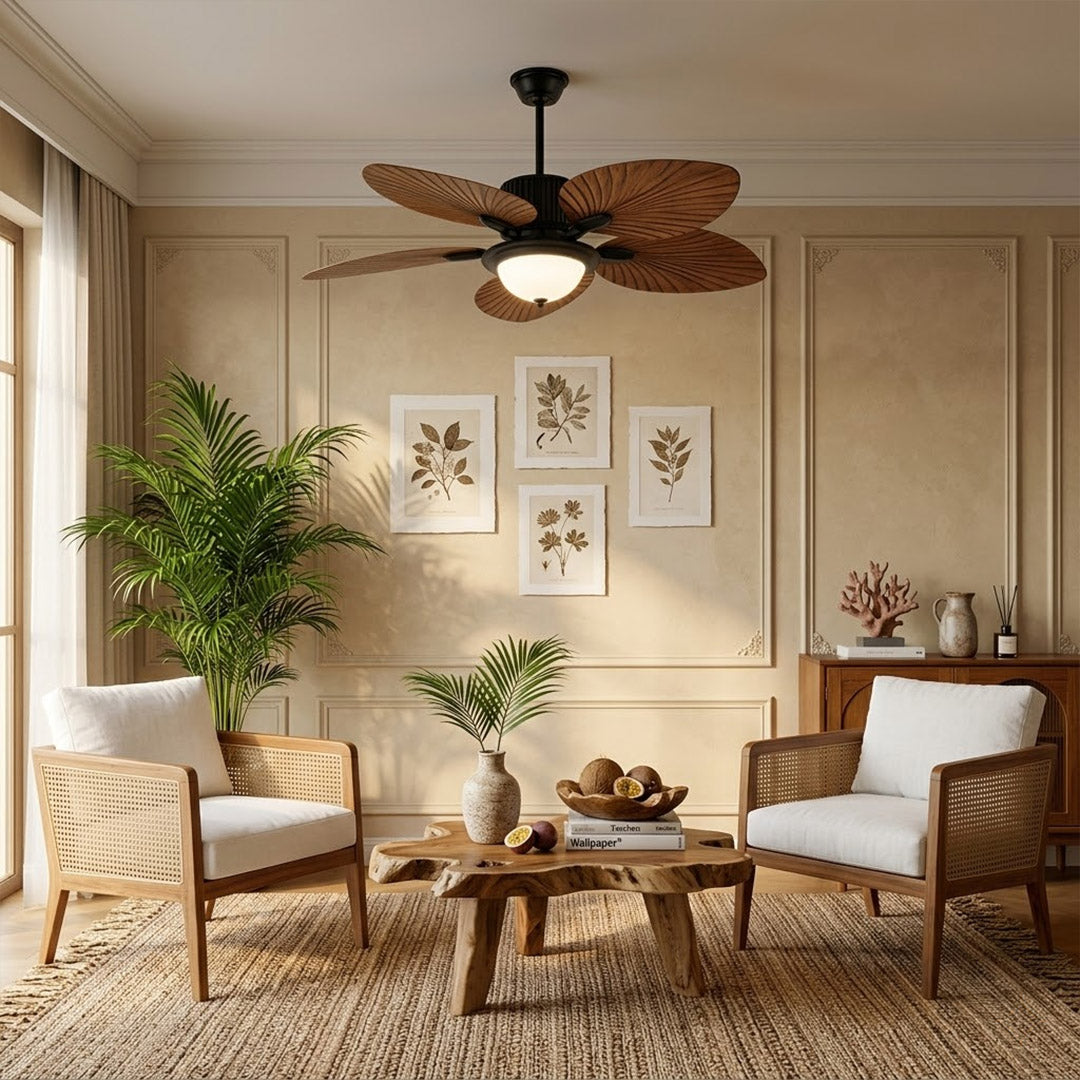 Palma palm leaf ceiling fan tropical bedroom bohemian interior warm light running lifestyle