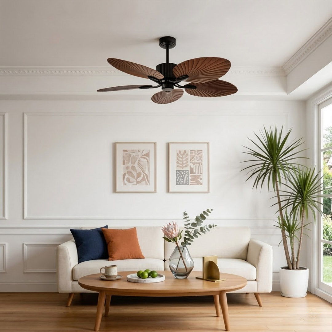 Palma palm leaf ceiling fan tropical bedroom bohemian interior warm light running lifestyle