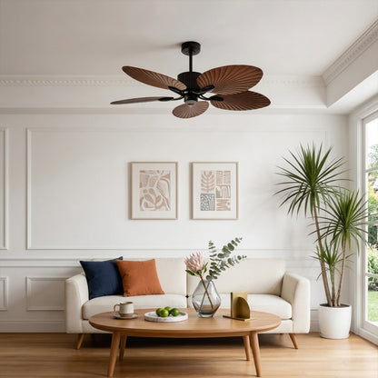 Palma palm leaf ceiling fan tropical bedroom bohemian interior warm light running lifestyle