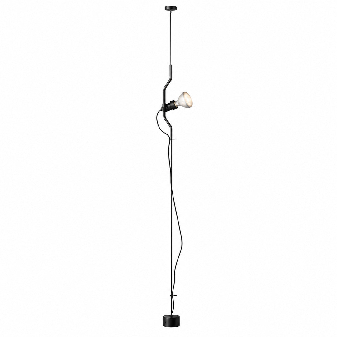 Parentheses floor-to-ceiling lamp with a bent metal rod and spotlight sliding on a steel cable between ceiling and floor weight on a white background