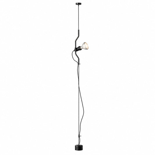 Parentheses floor-to-ceiling lamp with a bent metal rod and spotlight sliding on a steel cable between ceiling and floor weight on a white background
