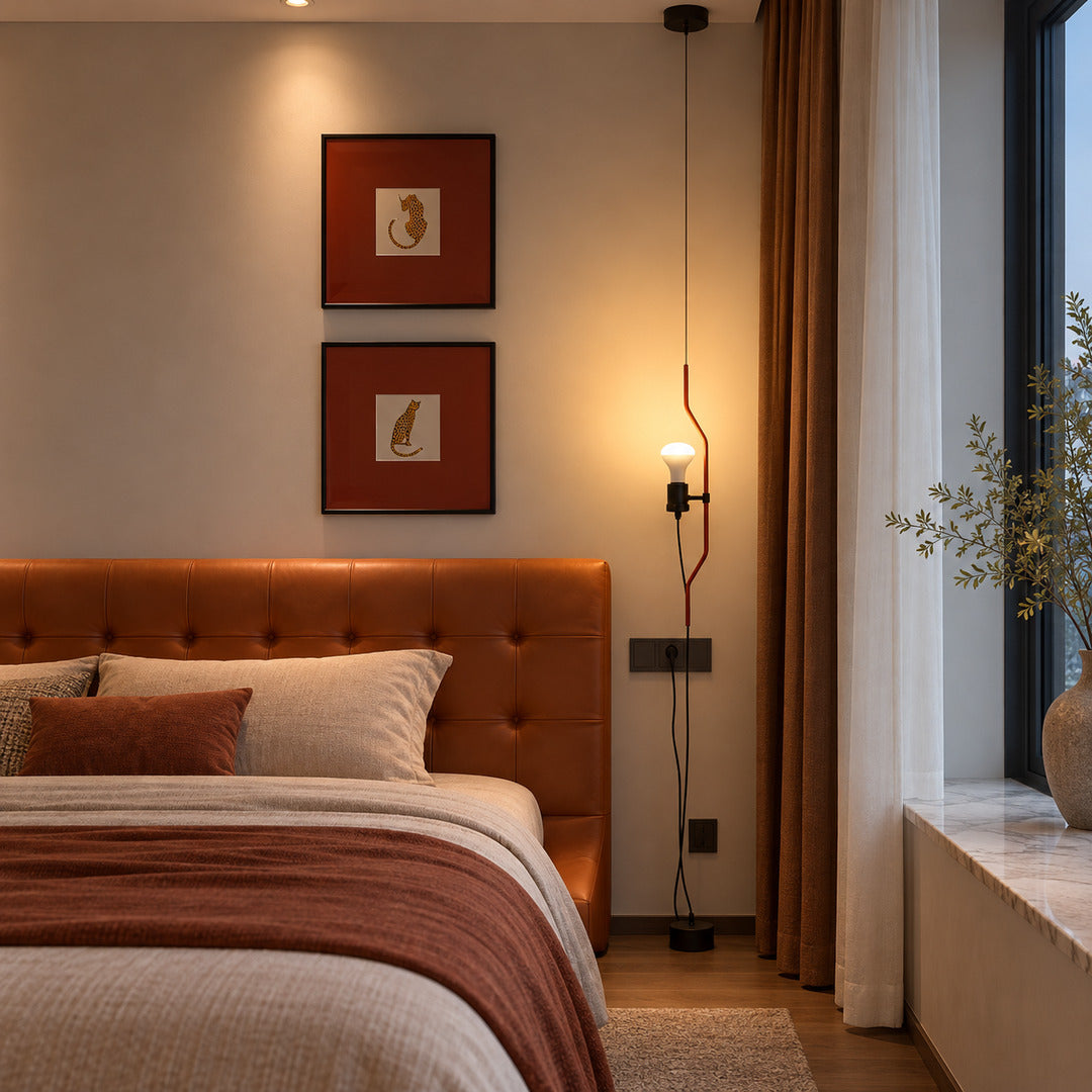 White Parentheses floor to ceiling lamp beside the bed with its spotlight aimed at the pillow for reading
