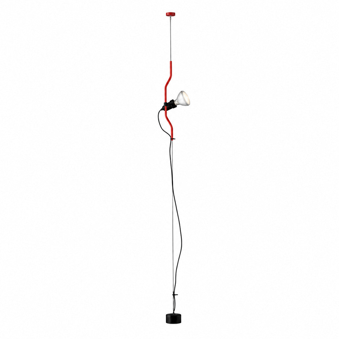 Red Parentheses floor-to-ceiling spotlight lamp on a steel cable