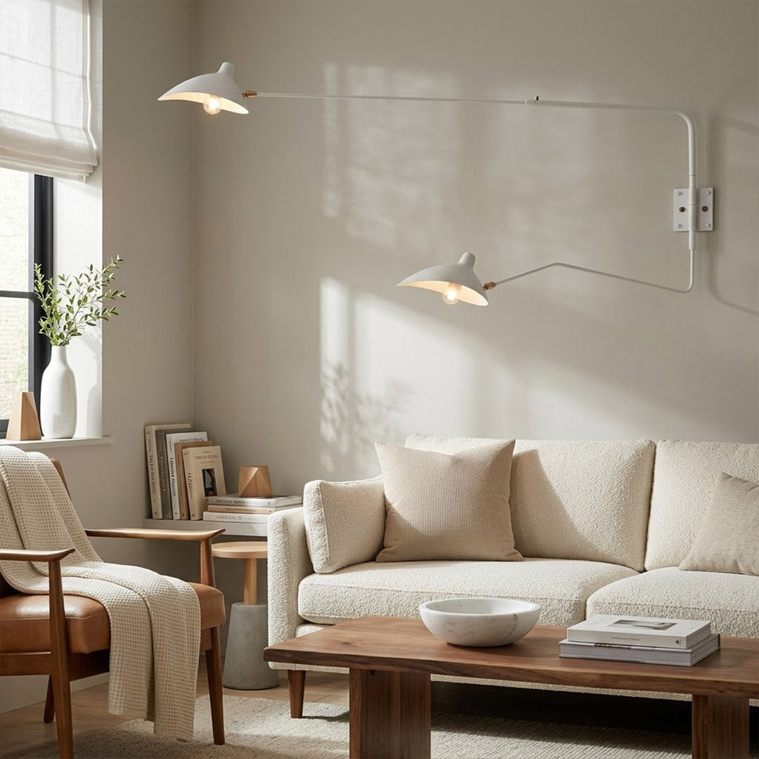 Pavo 31 inch matte white mid century wall sconce Scandinavian living room minimalist neutral palette modern interior