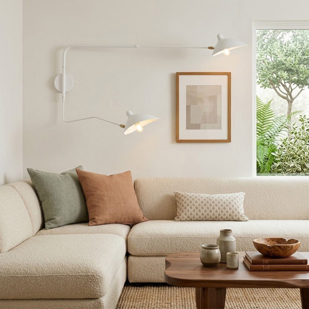 Pavo 31 inch matte white mid century wall sconce Scandinavian living room minimalist neutral palette modern interior