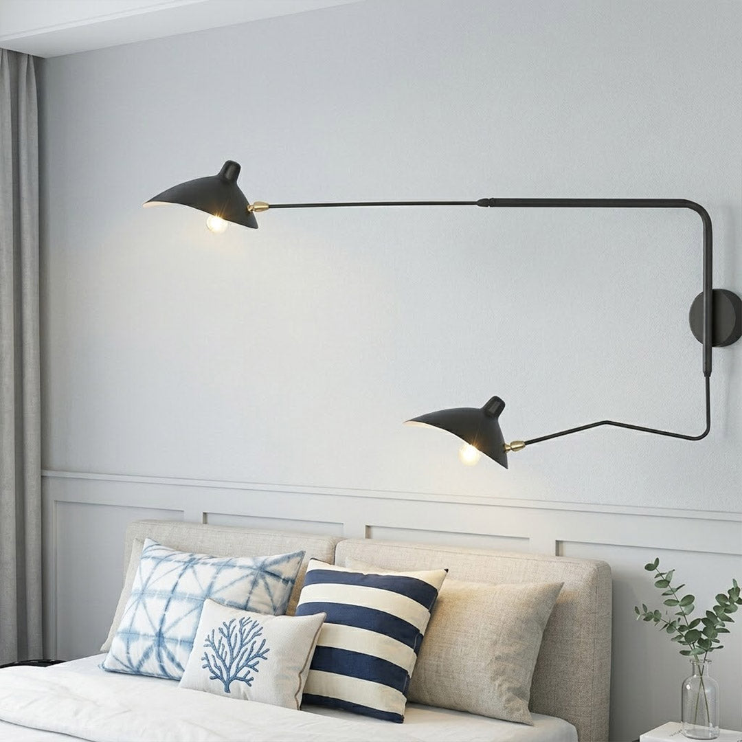 Pavo 47 inch 2 light wall sconce master bedroom centered above headboard symmetric reach over king bed matte black mid century