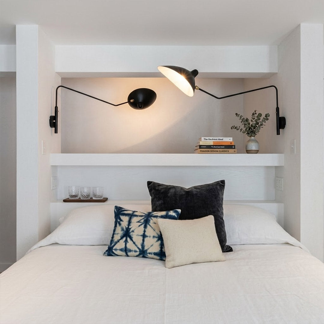 Pavo 47 inch 2 light wall sconce master bedroom centered above headboard symmetric reach over king bed matte black mid century