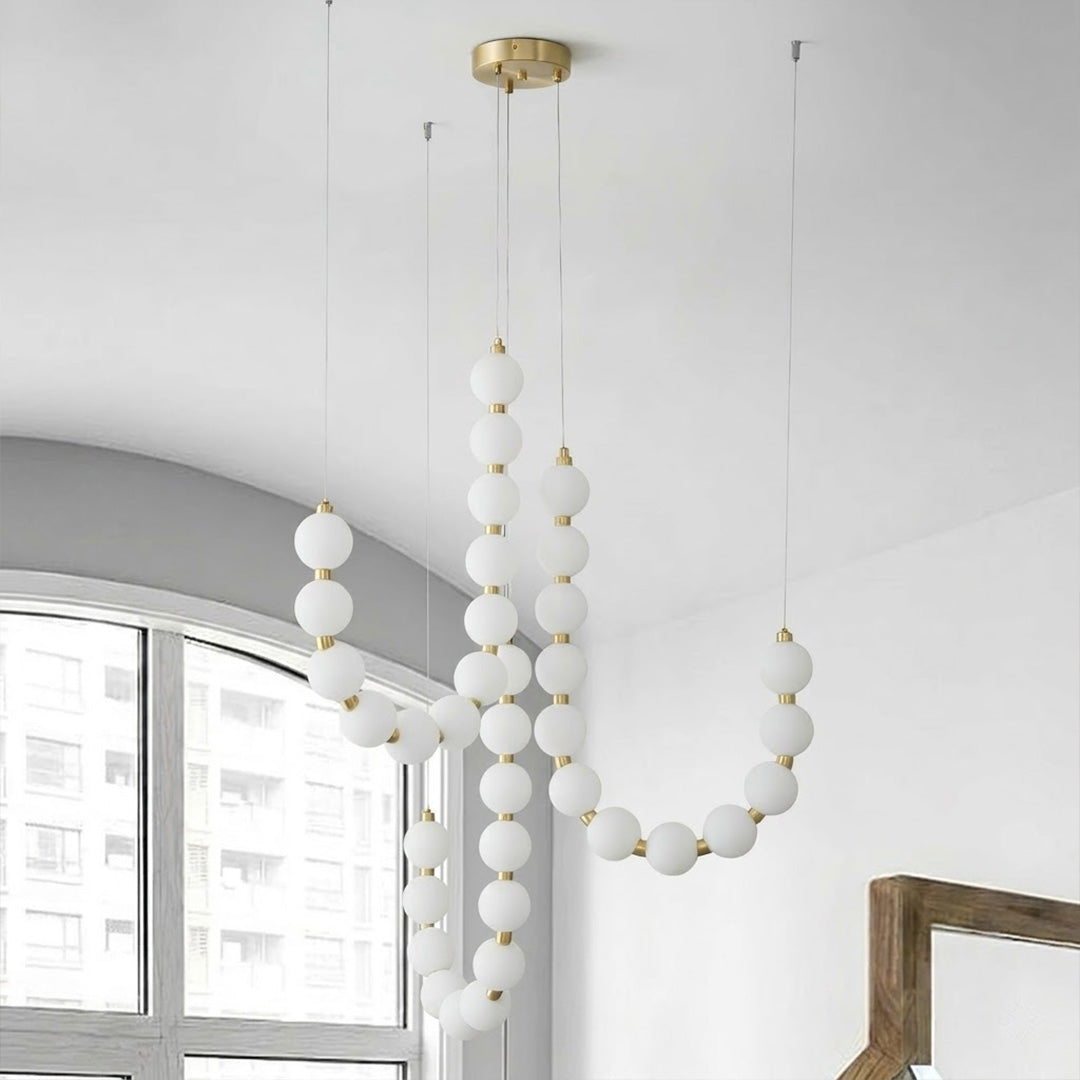 Pearla chandelier pearl finished beads brass frame strand detail close up