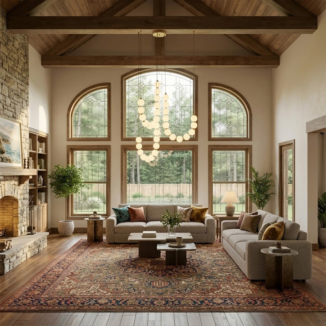 Pearla beaded chandelier hanging in two-story foyer cascading pearl strands elegant entryway