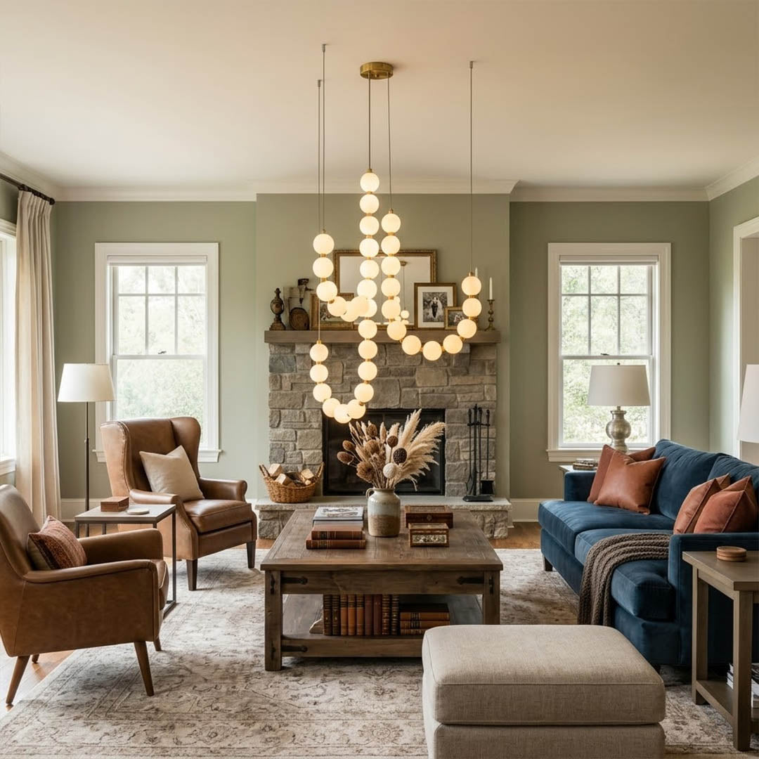 Pearla beaded chandelier above open staircase stairwell two-floor view warm glow