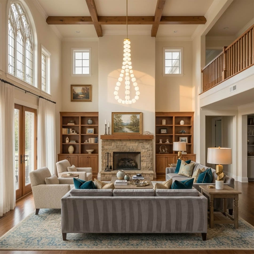 Pearla beaded chandelier hanging in two-story foyer cascading pearl strands elegant entryway