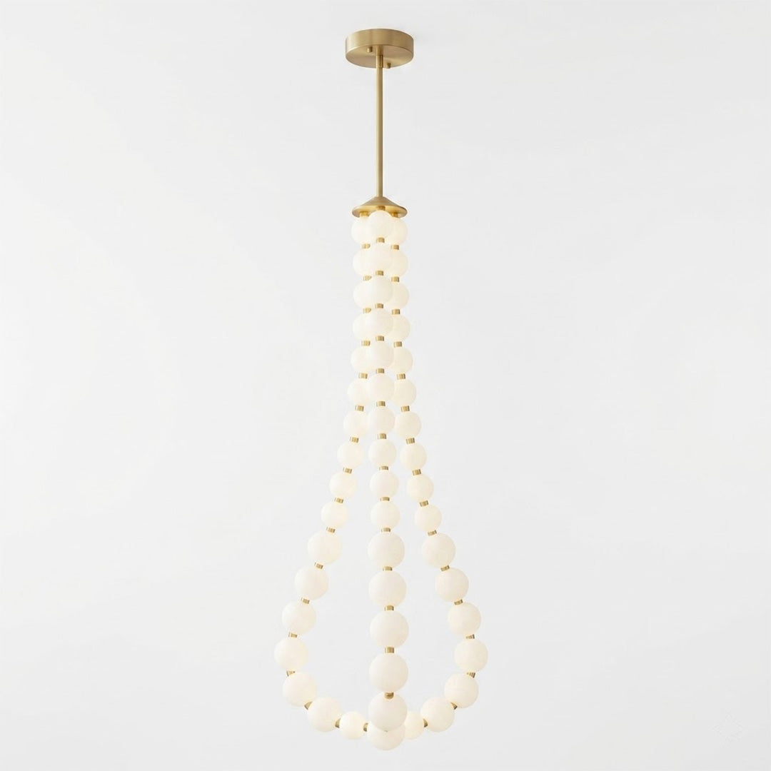 Pearla beaded chandelier brass frame cascading pearl strands white background