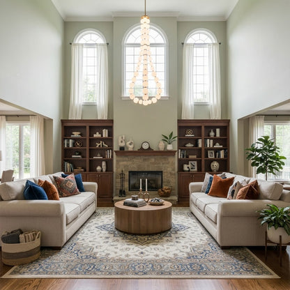 Pearla beaded chandelier hanging in two-story foyer cascading pearl strands elegant entryway