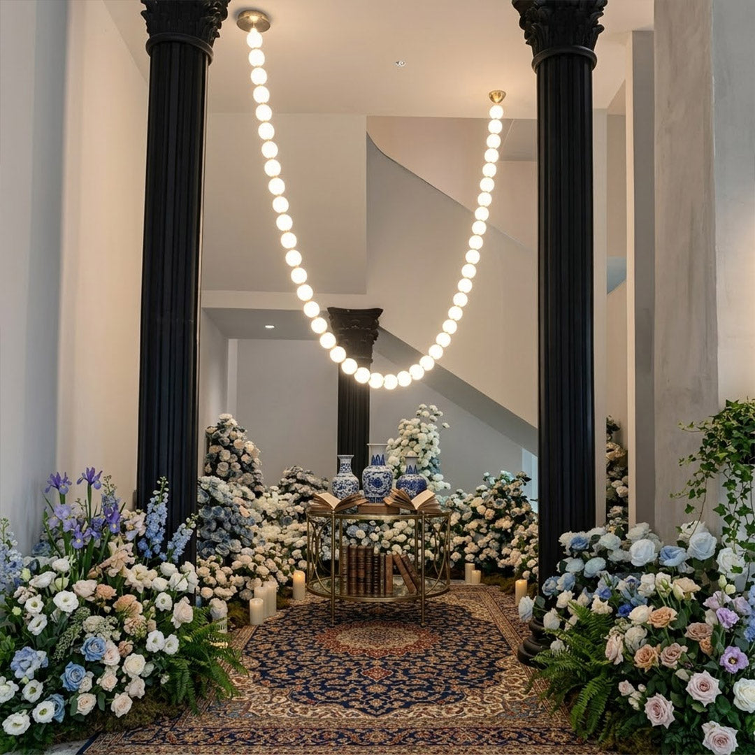 Pearla Grand 55 ball multi-strand pearl chandelier hotel lobby grand staircase atrium scale