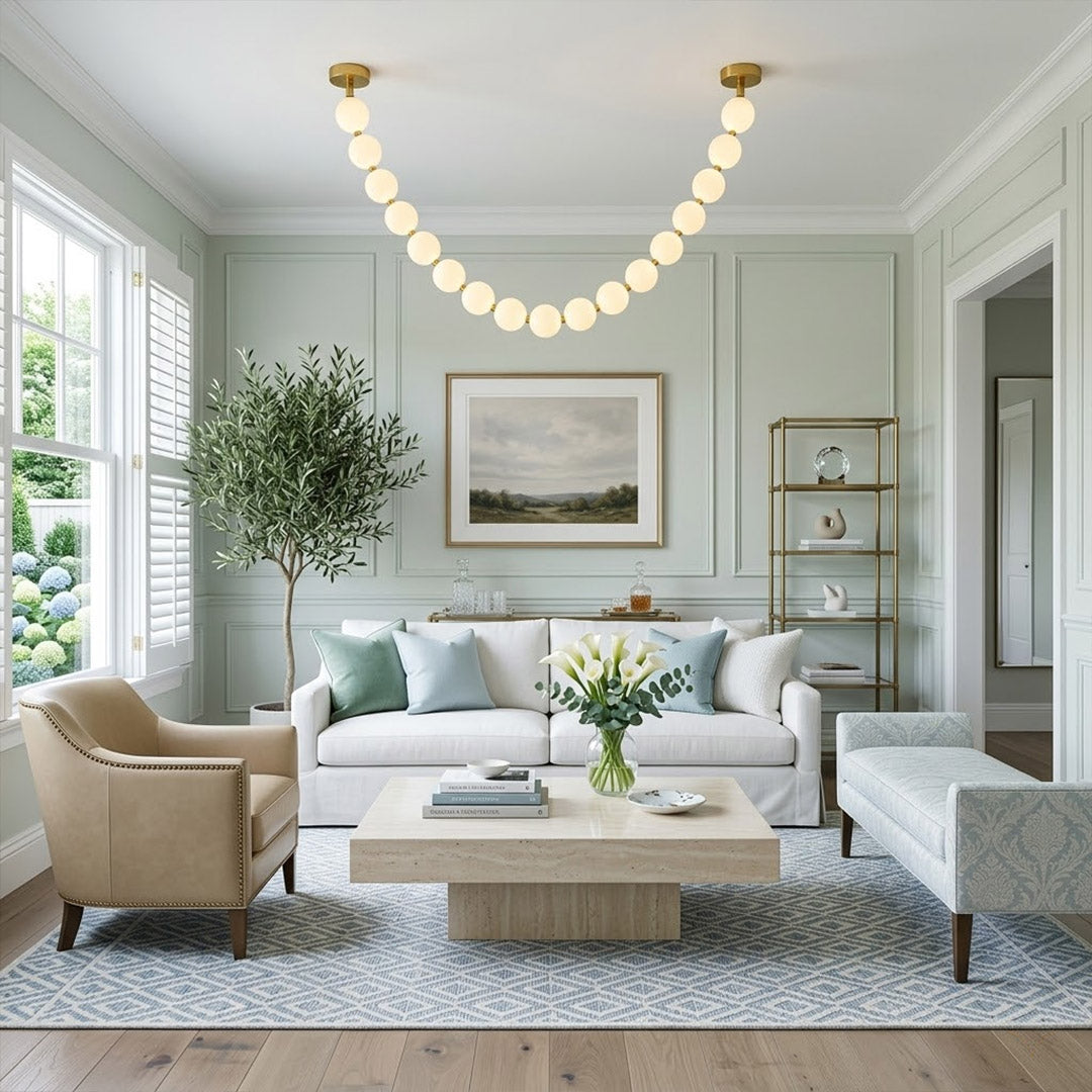 Pearla Grand 32 ball pearl chandelier in vaulted ceiling atrium space cascading pearl strands