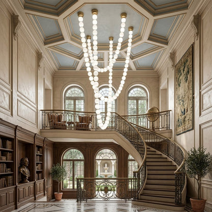 Pearla Grand 14 18 32 ball pearl chandelier in vaulted ceiling atrium space cascading pearl strands