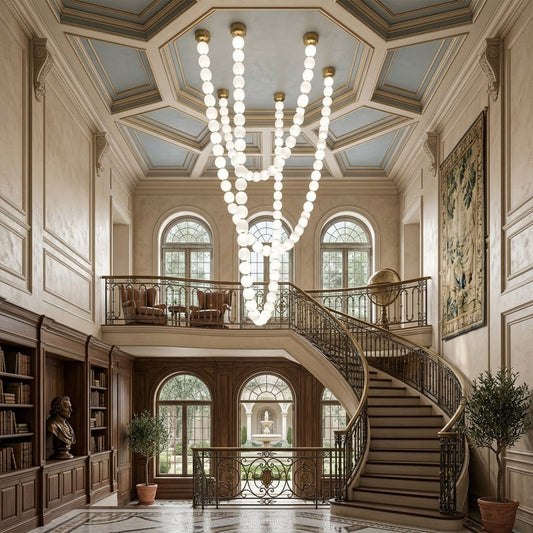 Pearla Grand 14 18 32 ball pearl chandelier in vaulted ceiling atrium space cascading pearl strands