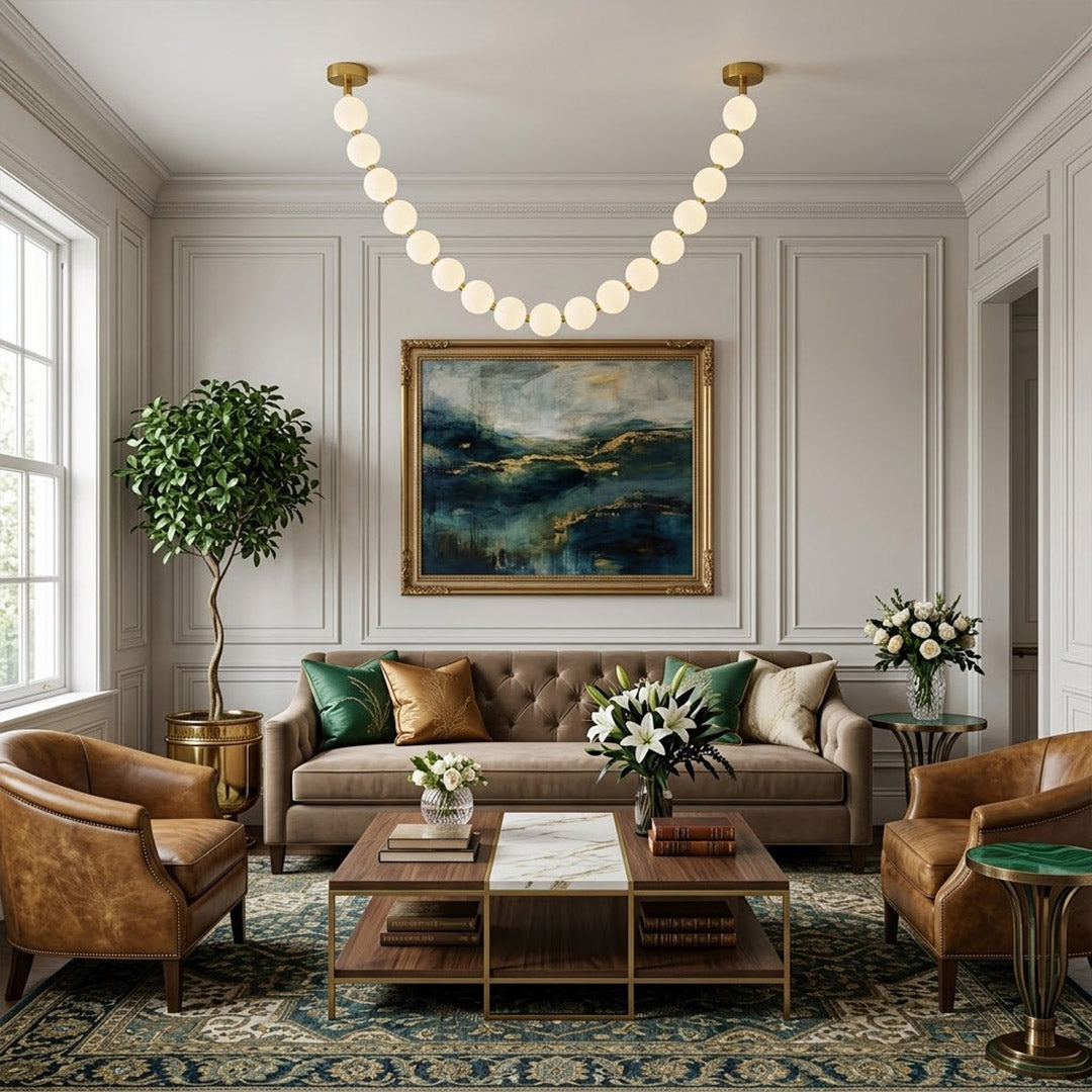 Pearla Grand 32 ball pearl chandelier in vaulted ceiling atrium space cascading pearl strands