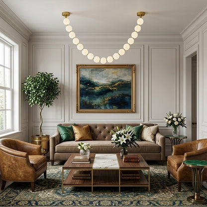 Pearla Grand 32 ball pearl chandelier in vaulted ceiling atrium space cascading pearl strands