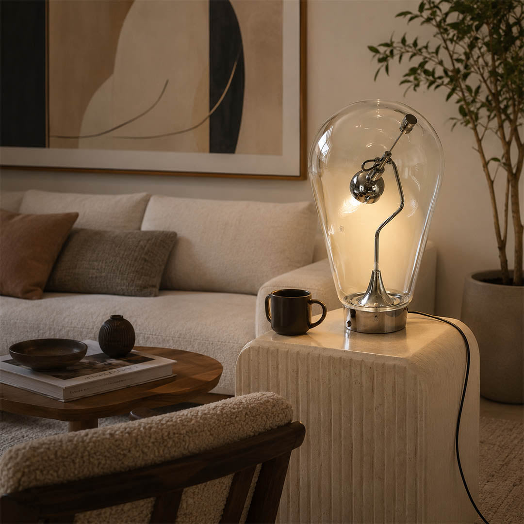 Pebble bulb glass table lamp tea room cafe industrial minimalist Edison style intimate warm glow lifestyle interior