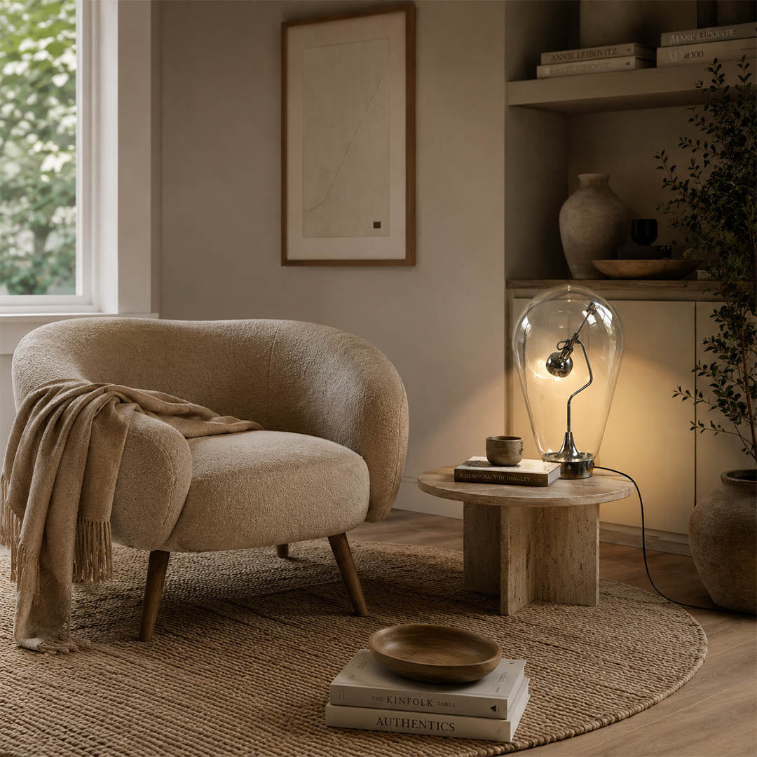 Pebble bulb glass table lamp living room reading corner side table modern minimalist Scandinavian warm glow interior lifestyle