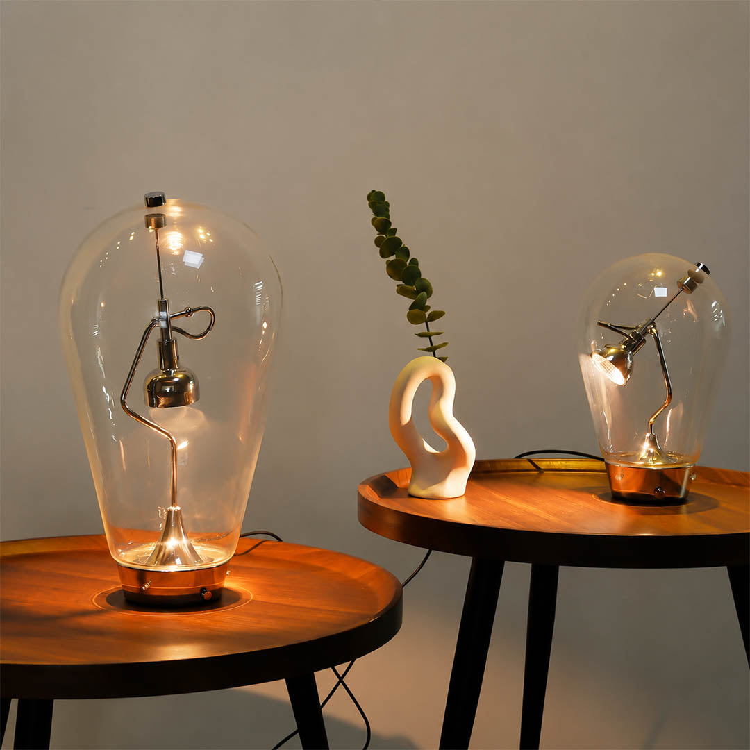 Pebble bulb glass table lamp pair symmetrical bedside primary bedroom modern minimalist matching warm glow interior lifestyle