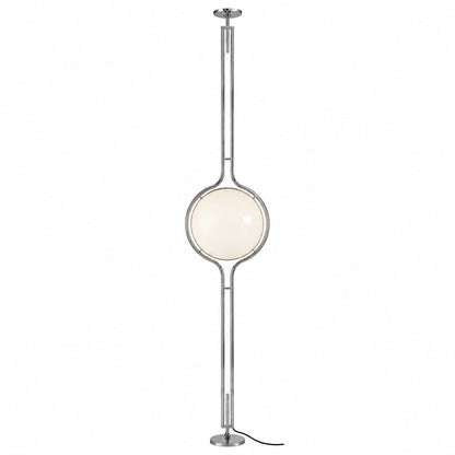 Pendolo floor-to-ceiling lamp with a 15.7 inch opal acrylic globe held in a silver chrome twin-rod loop frame on a white background