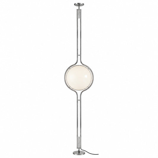 Pendolo floor-to-ceiling lamp with a 15.7 inch opal acrylic globe held in a silver chrome twin-rod loop frame on a white background