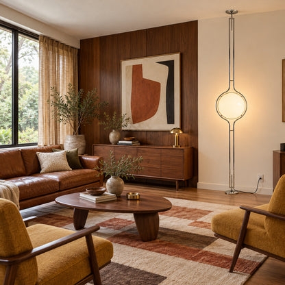 Pendolo floor to ceiling lamp in the corner of a home office beside a bookshelf