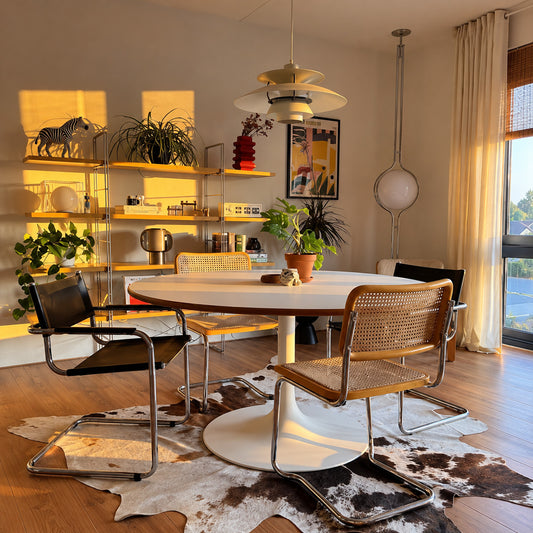 Pendolo floor to ceiling tension lamp beside tall windows with sheer curtains at dusk
