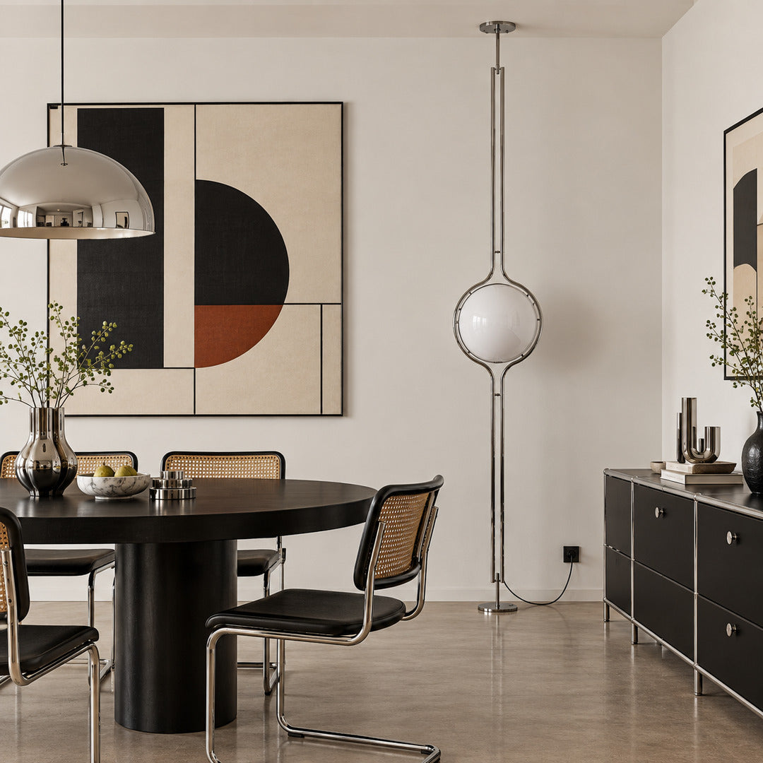 Pendolo tension pole lamp lighting a rental apartment bedroom without drilling or wiring