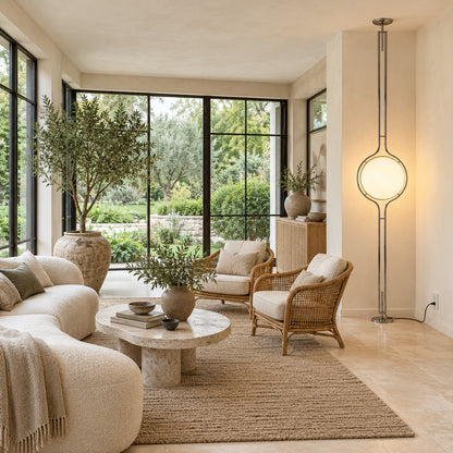 Pendolo floor to ceiling lamp in a modern office lounge with leather seating